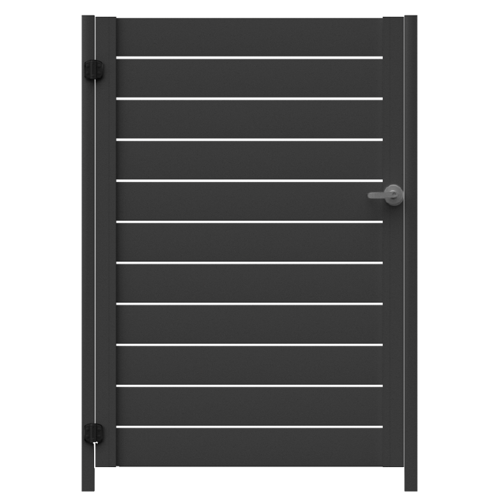 Single leaf gate with hinges and latch